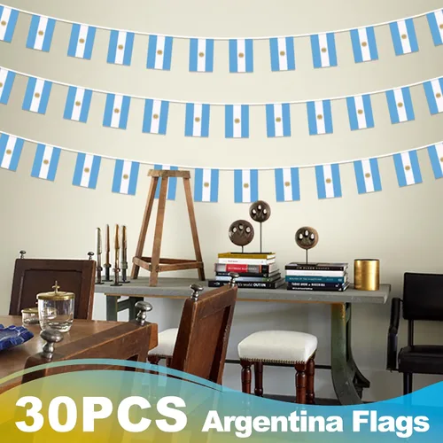 Miniatura 6 de Bandera de cuerda argentina en pendón, pequeña mini bandera argentina en guirnalda, decoración nacional del país para escuela, fiesta, eventos