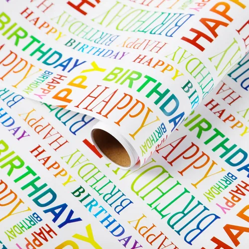 Miss DuiDui Rollo de papel de regalo de feliz cumpleaños, 17 pulgadas x 32.8 pies, texto colorido diseño de feliz cumpleaños, embalaje de regalo,