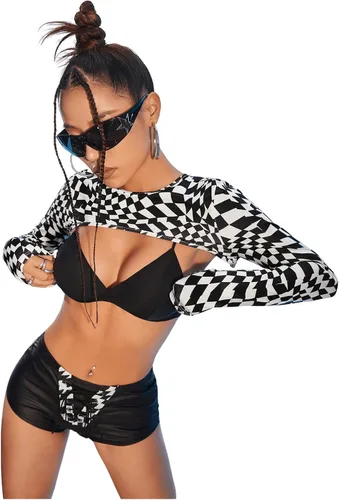 Miniatura 3 de SHENHE Camiseta corta con estampado gráfico de tablero de ajedrez para mujer, cuello redondo, manga larga
