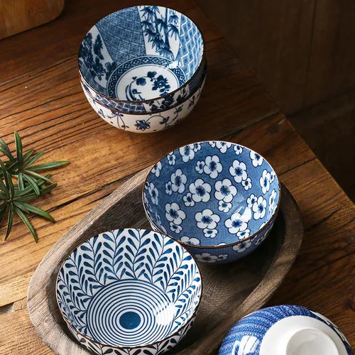 Miniatura 2 de Gegong Paquete de 6 cuencos de cerámica, cuencos de arroz de estilo japonés, cuencos de porcelana azul y blanca de 10 onzas, cuencos de cereales