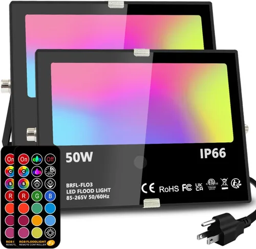 Luz de inundación LED para exteriores, iluminación de paisaje RGB de 35 W con control remoto, temporizador, 12 colores, 4 modos, impermeable IP66, 3