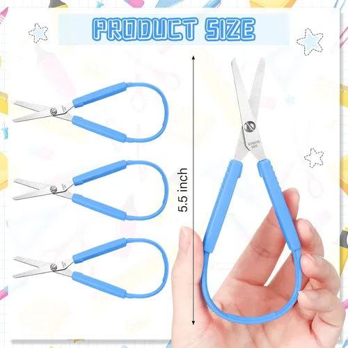 Miniatura 2 de Honoson Paquete de 10 tijeras de bucle para niños con agarre de 5.5 pulgadas, autoapertura, adaptativas, para necesidades especiales, mini tijeras