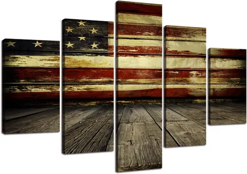 Miniatura 33 de Arte de pared de concepto patriótico, pintura de bandera estadounidense y británica, lienzo de estrellas y rayas, 5 paneles, arte moderno americano