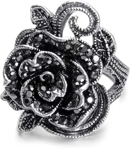 LadayPoa Anillos de flores de rosa vintage para mujer, anillos gruesos y llamativos, anillo de dedo grande retro bohemio floral, accesorios de