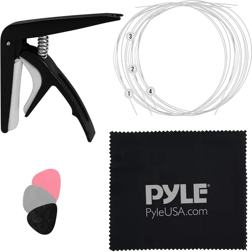 Pyle Kit de 4 accesorios - cuerdas Aquila, juego completo de reemplazo, cejilla para ukelele con 3 piezas, púas de fieltro y paño de limpieza,