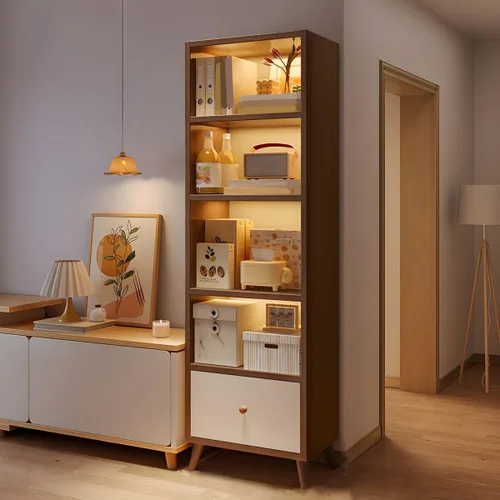 Miniatura 14 de Estantería moderna con cajones y armario de almacenamiento de madera con parte trasera cerrada, estantería independiente para oficina en casa, sin