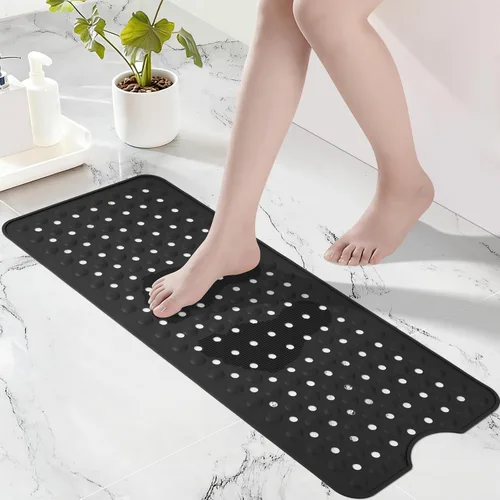 Tapete de silicona antideslizante para bañera de 36 x 16 pulgadas, con orificios de drenaje y ventosas, tapetes mejorados para bañera y ducha, Negro