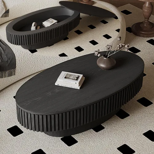 Miniatura 14 de Mesa de Centro Cuadrada de 35.43'' para Sala de Estar Mesa de Centro Acanalada Mesa Central Moderna con Pedestal para Apartamento Negro