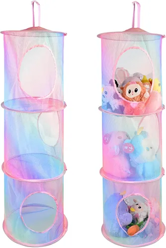 Miniatura 6 de ChezMax Almacenamiento de malla colgante para animales de peluche, 3 niveles, paquete de 2 unidades, organizador de red grande para animales