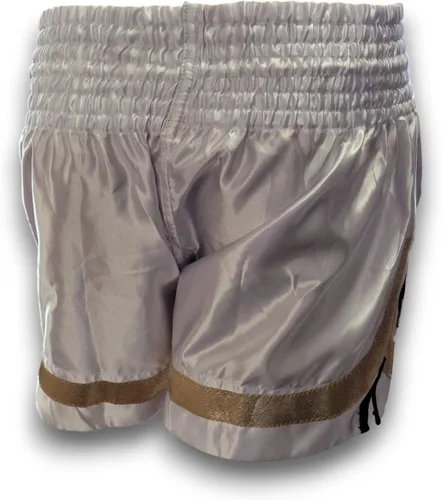 Miniatura 7 de MMA Boxeo Muay Thai Shorts en satén blanco negro oro corte letras