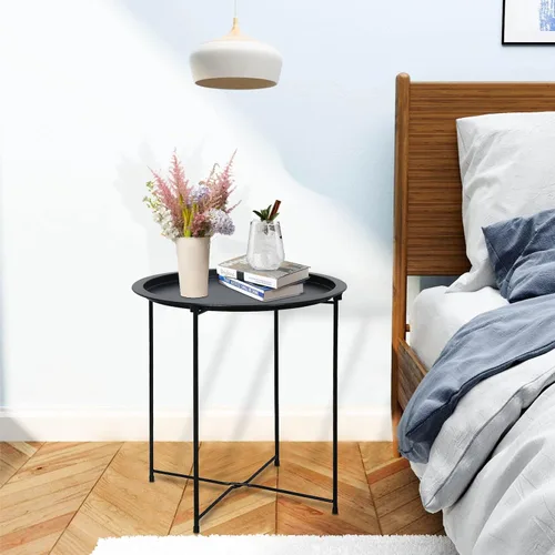 Miniatura 5 de Garden 4 you - Mesa auxiliar de metal negra redonda plegable con bandeja cian, mesa auxiliar redonda, para poner al lado del sofá, mesa