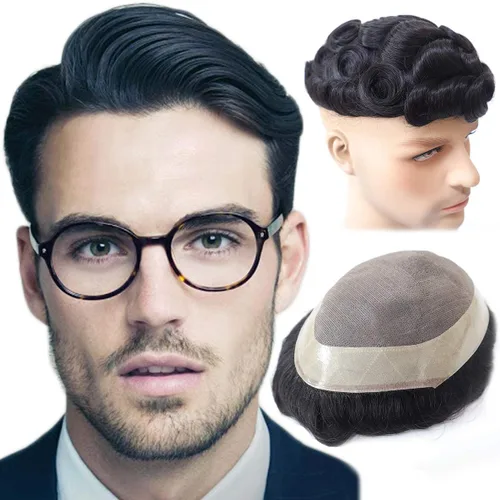 Miniatura 11 de Hywel Toupee para hombres con cabello humano 100% real, parte superior mono con revestimiento de poliéster alrededor de la gorra para hombre, piezas