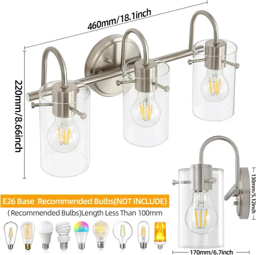 Miniatura 5 de Lámpara de tocador de 3 luces, apliques de pared de baño de níquel cepillado, lámpara de pared moderna con pantalla de vidrio transparente, lámpara