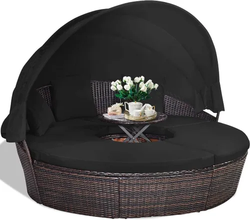 Miniatura 13 de HAPPYGRILL Sofá cama al aire libre con toldo, sofá modular de mimbre de ratán con mesa auxiliar, cojines, juego de conversación de patio para Gris