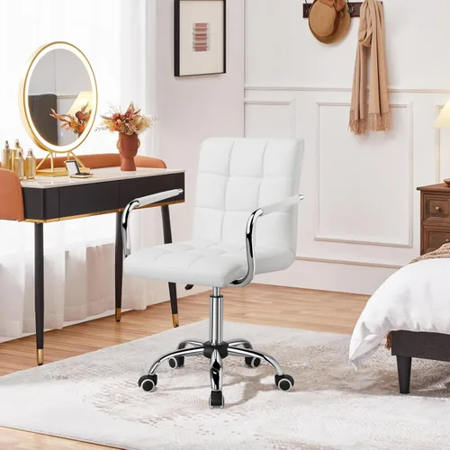Miniatura 4 de Yaheetech - Sillas de escritorio blancas con ruedas/reposabrazos, silla de oficina moderna de piel sintética, respaldo medio ajustable, silla Blanco