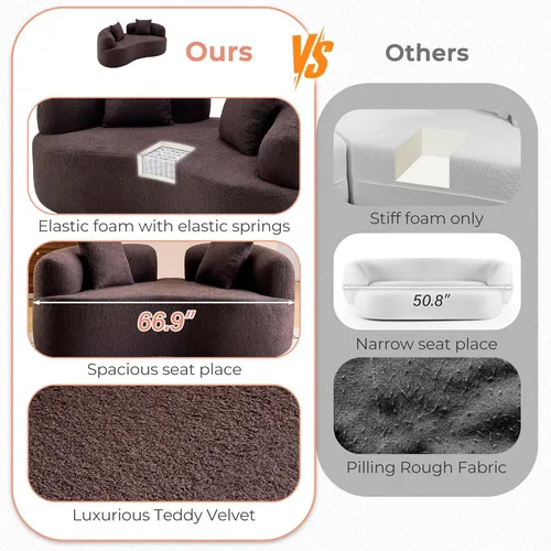 Miniatura 6 de 67'' Modern Curved Loveseat, Luxury Teddy Velvet Upholstered Couch, Comfy Cloud Compressed Sofa with 2 Pillows for Small Spaces Living Room