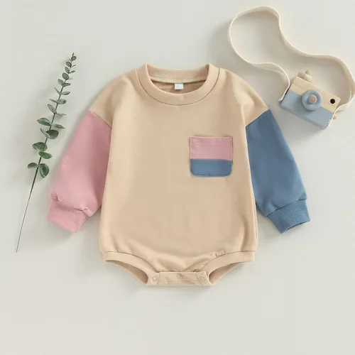 Miniatura 4 de AEEMCEM Sudadera de bloque de color para bebé niño y niña, mameluco de gran tamaño, suéter de burbujas de manga larga, con bolsillo