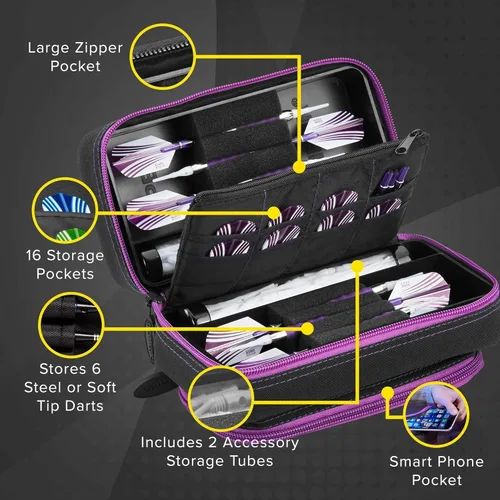 Miniatura 2 de Casemaster Plazma Pro - Estuche para 6 dardos suaves y de punta de acero, cuenta con gran bolsillo frontal para dispositivos móviles, tubos
