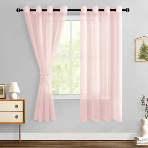 Miniatura 112 de Hiasan - Cortinas traslúcidas de gasa cortas semitransparentes con ojales y alzapaños filtrantes de luz para ventana, dormitorio, baño, 2 paneles