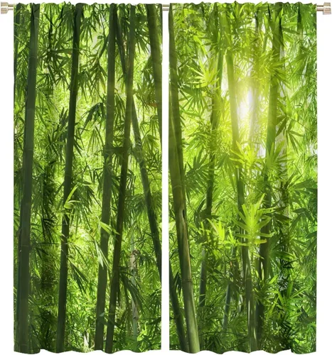 Miniatura 45 de Cortinas con estampado de bambú, tallos y hojas de bambú, temática oriental natural, oscurecimiento de habitación, ventana, ventana, cortina