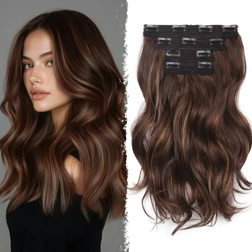 Miniatura 8 de 4 extensiones de cabello sintético con clip, extensiones de cabello rizado de 20 pulgadas de largo con clip (color: marrón medio)