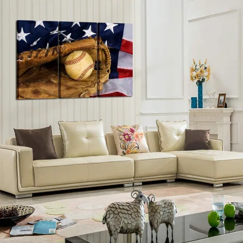 Miniatura 3 de KREATIVE ARTS - 3 impresiones en lienzo grandes para pared, póster de béisbol y bandera estadounidense, imagen deportiva impresa en lienzo, estirada