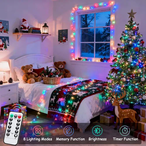 Miniatura 5 de JMEXSUSS Luces de Navidad multicolor que funcionan con pilas con 8 modos de control remoto, impermeables, 33 pies, 100 luces LED de Navidad