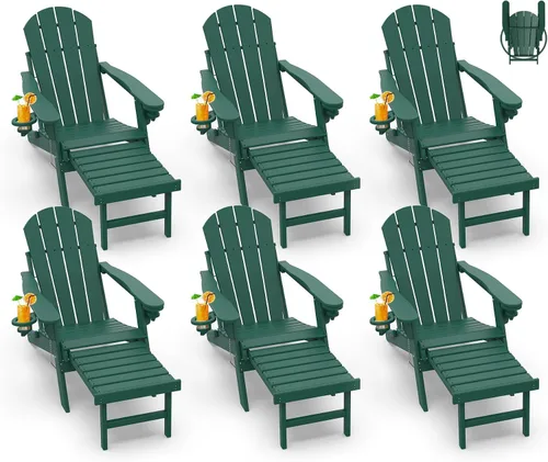 Miniatura 36 de GREENVINES Sillas Adirondack con Otomano Juego de 2 Grano de Madera Plegable Reposapiés Retráctil Plástico HDPE Silla para Hoguera Todo