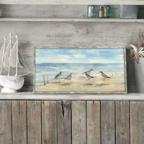 Miniatura 4 de Pintura enmarcada de playa para decoración de pared: arte abstracto de la pared del océano, pintura al óleo costera, gaviotas, imagen impresa