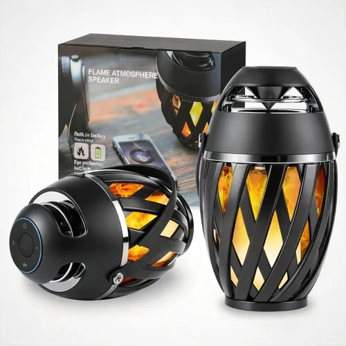 Paquete de 2 altavoces Bluetooth para exteriores, impermeables, inalámbricos, regalos de cumpleaños para hombres, papá, luz ambiental de llama LED,