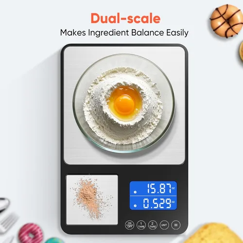 Miniatura 2 de KUAIVO Báscula de cocina de doble plataforma de 0.001 onzas / 33 libras, báscula digital de alimentos con dos superficies de precisión, pantalla