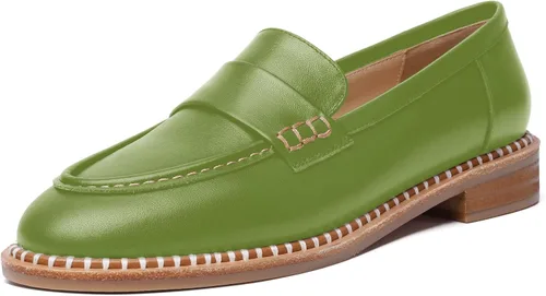 Miniatura 21 de FOGEENA Mocasines de cuero mate para mujer, estilo casual, sin cordones, punta redonda, tacón bajo grueso, zapatos de vestir de 1 pulgada