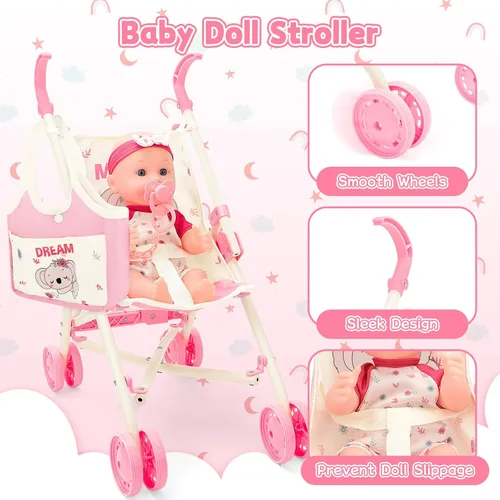 Miniatura 2 de deAO Juguetes de Cochecito de Muñeca Bebé con Muñeca Bebé de 12" Accesorios Cama de Cuna Silla Alta Conjunto de Juego de Roles de Guardería Tapete