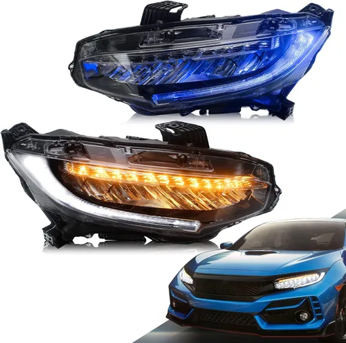 VLAND Lámpara frontal LED compatible con Honda Civic 2016-2021 Sedán/Coupe/Hatchback/Tipo R con iluminación de respiración azul de arranque con Luz