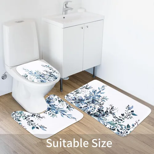 Miniatura 4 de MitoVilla Juego de 4 piezas de baño de eucalipto azul con cortina de ducha y alfombras, modernos juegos de cortinas de ducha con alfombras