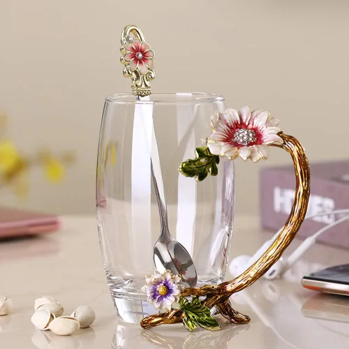 Set de taza de té de cristal esmaltado con girasol sin plomo con cucharita, regalo para Navidad, día de San Valentín. El mejor regalo para tu madre,