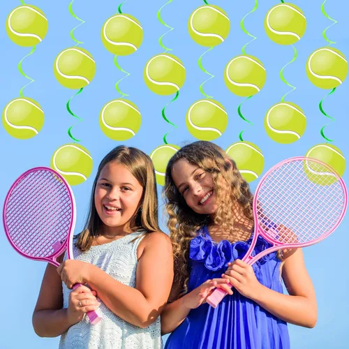 Miniatura 5 de 60 piezas de decoración de remolinos de papel de aluminio para fiesta de tenis, pancartas colgantes de techo con pelota de tenis, decoración