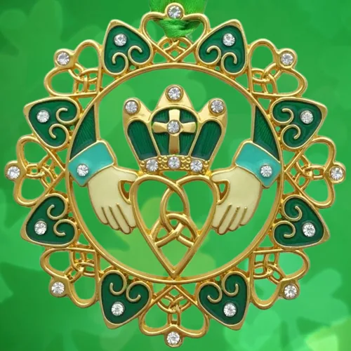 Miniatura 6 de Adornos de Navidad irlandeses – Diseño Claddagh dorado con joyas y esmalte – Caja de regalo con poema irlandés – Bolsa de almacenamiento de regalo