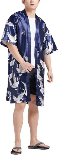 Miniatura 4 de HAORUN Abrigo kimono japonés para hombre, holgado, Yukata, albornoz largo, tops vintage, Azul marino satinado.