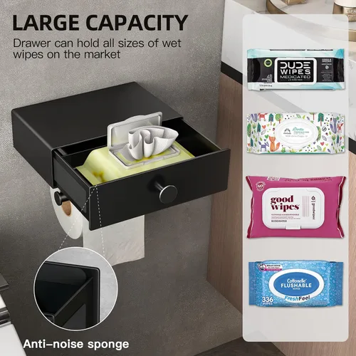 Miniatura 2 de VOLDRA Soporte de papel higiénico con estante negro dispensador de toallitas para baño Soporte de papel higiénico con cajón de diseño