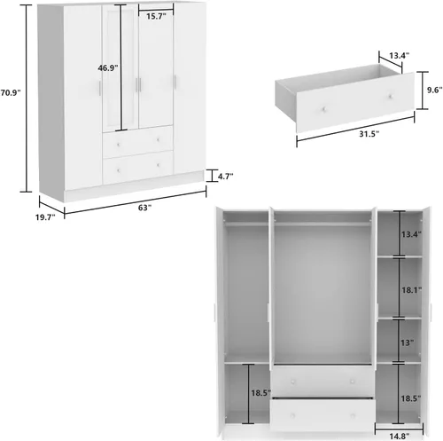 Miniatura 2 de ECACAD Armario con espejo, estantes de 5 niveles, 2 cajones, 2 varillas para colgar y 4 puertas, armario de almacenamiento de madera para Blanco