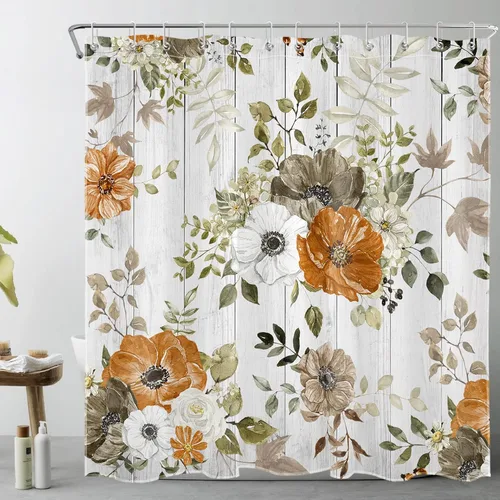 Miniatura 11 de LB Cortina de ducha floral de otoño, flores silvestres blancas y naranjas y hojas de arce gris sobre tela beige con ganchos, juego de baño botánico
