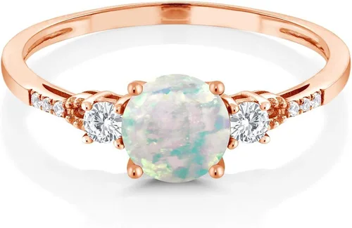 Miniatura 2 de Gem Stone King Anillo de compromiso de zafiro blanco con ópalo blanco de imitación de cabujón de oro rosa de 10 quilates para mujer