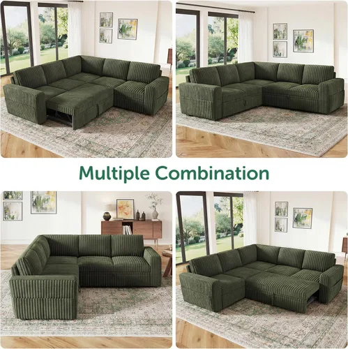 Miniatura 6 de HONBAY - Sofá seccional modular con cama desplegable, sofá en forma de L de pana con almacenamiento, sofás seccionales para sala de estar, verde