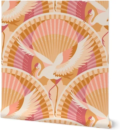 Spoonflower Muestro de papel tapiz extraíble - Art Deco Garzas Pájaros Vintage Geométrico Retro Amanecer Puesta de sol Colores Cálidos Paleta de