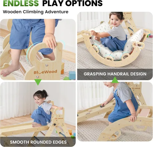 Miniatura 5 de BlueWood Pikler - Juego de triángulos con cojín, juguetes de escalada para niños pequeños 9 en 1, juego de filosofía Montessori, gimnasio