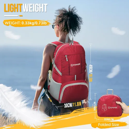 Miniatura 2 de ZOMAKE Mochila Ligera Empacable de 35L, Mochilas Ligeras Plegables Resistentes al Agua Bolsa de Senderismo Colapsible, Paquete de Día Plegable Rojo