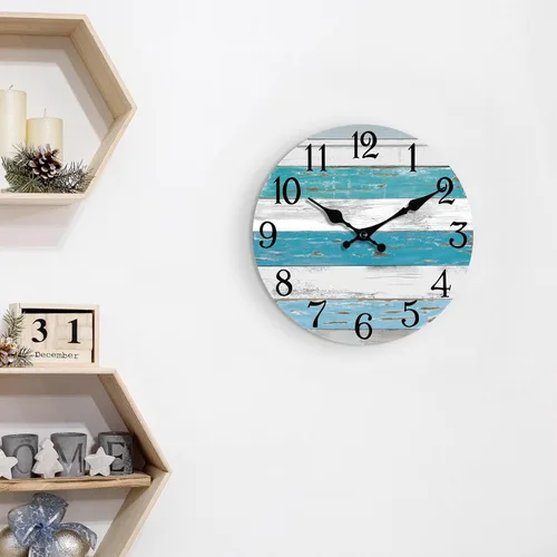 Miniatura 7 de KECYET Reloj de pared con pilas de 14 pulgadas para exteriores, estilo de playa grande, color azul, costero, retro, silencioso, sin tictac, Azul