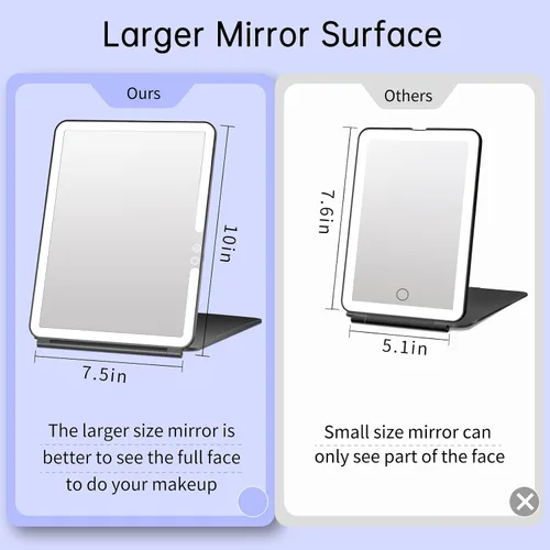 Miniatura 3 de FUNTOUCH Espejo de maquillaje de viaje grande portátil de 10 x 7.5 pulgadas con luz, 2500 mAh recargable iluminado espejo de maquillaje de viaje
