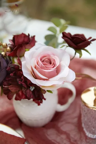 Miniatura 8 de Serwalin Flores Artificiales Burdeos, Flores Falsas de Seda Burdeos y Rosa para Decoración de Boda DIY, Flores Rojo Profundo para Pastel Ramo